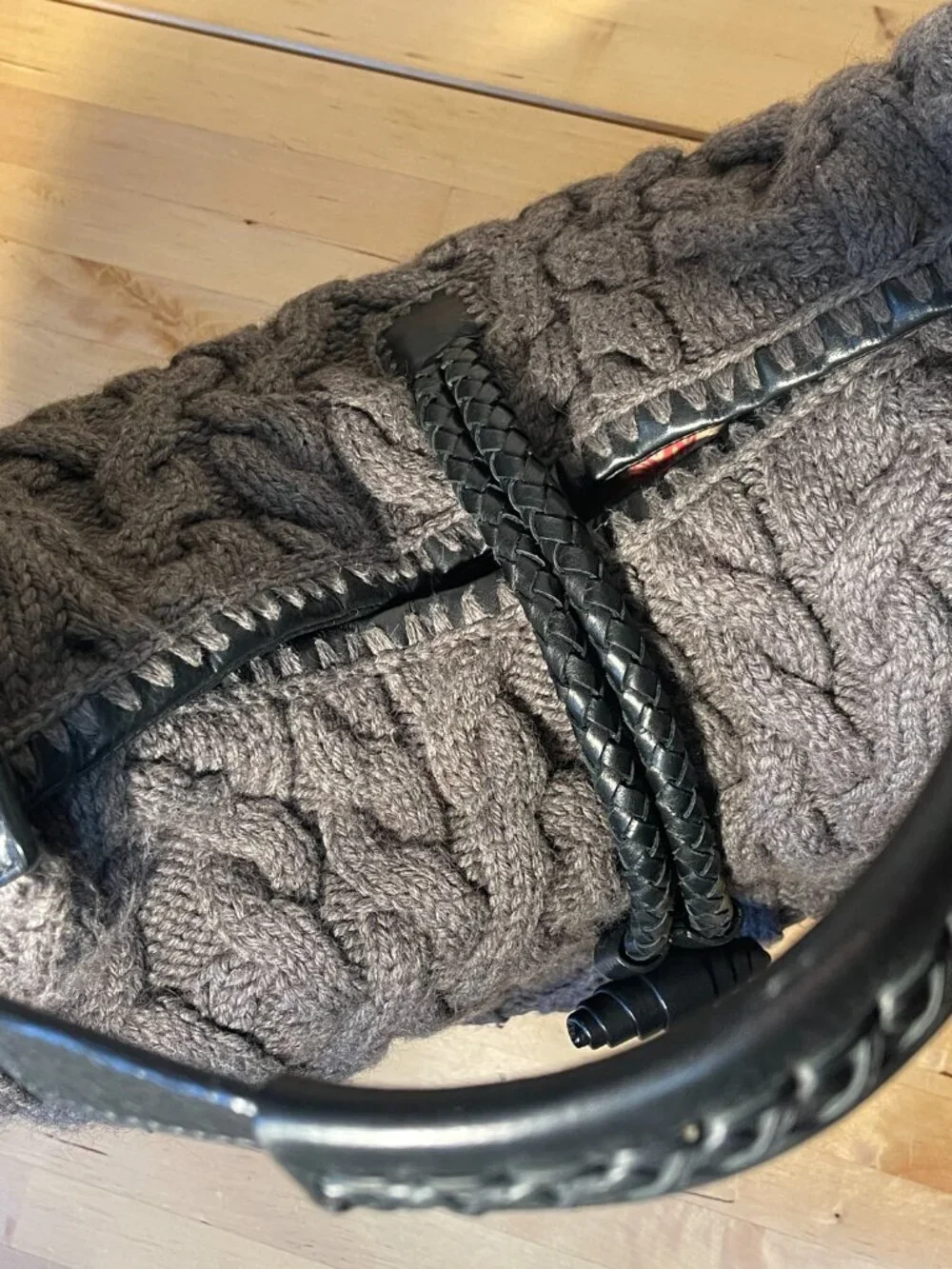 Banana Republic Gray Knit Hobo Bag Black Leather Strap Slouchy Shoulder Purse